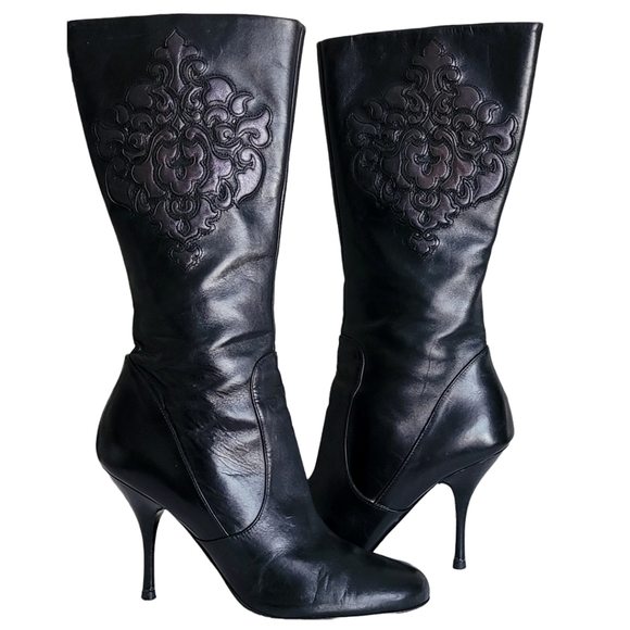 ISABELLE Fiore Black Leather Boots high heel hand tooled - Picture 3 of 15